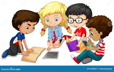 illustrazione di un gruppo di bambini e ragazzi che lavorano a un giornale con un parroco o un insegnante