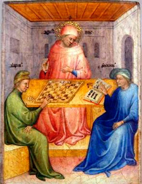 Illustrazione di Sant'Agostino che discute con i suoi amici, Alipio e Nebridio, in un contesto filosofico.