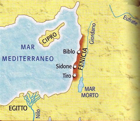 Mappa storica della costa fenicia con l'indicazione delle città-stato di Tiro e Sidone in relazione al bacino del Mediterraneo