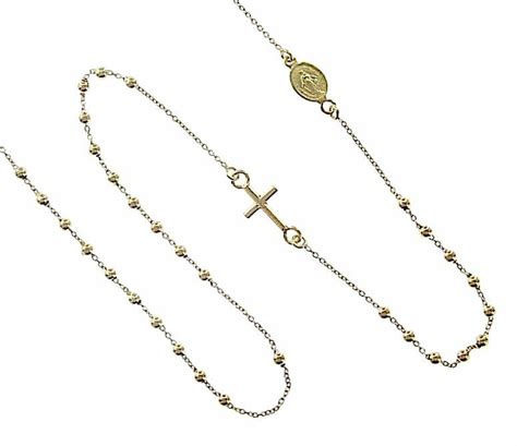 Collana rosario girocollo in oro giallo 18kt con sfere lisce e medaglia miracolosa
