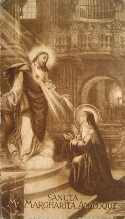 Un'antica incisione o dipinto raffigurante Santa Margherita Maria Alacoque in estasi davanti a una visione del Sacro Cuore di Gesù.