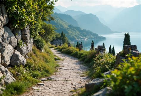 Foto del sentiero boscoso che conduce all'abbazia con scorci di paesaggio