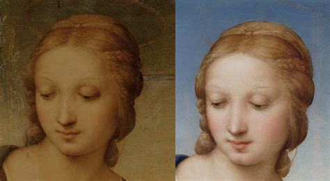 Confronto visivo: Madonna del Cardellino prima e dopo il restauro