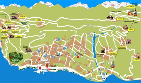 Schema o mappa dell'area di Stresa con la posizione delle ville e il potenziale sito del progetto
