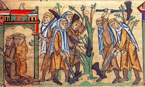 Monaci cistercensi al lavoro in un caseificio medievale (illustrazione)