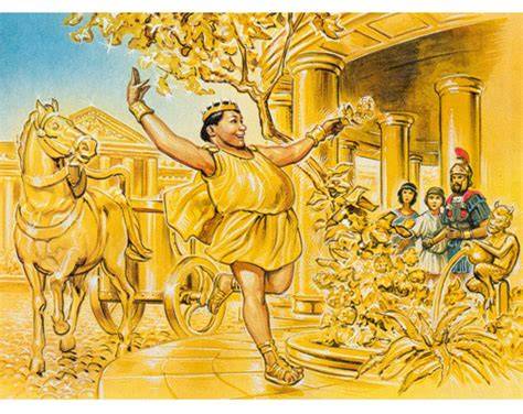 Illustrazione del Re Mida che tocca un oggetto e lo trasforma in oro