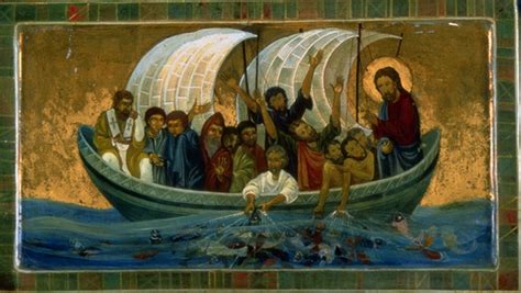 Illustrazione di Gesù e Pietro sulla barca durante la pesca miracolosa