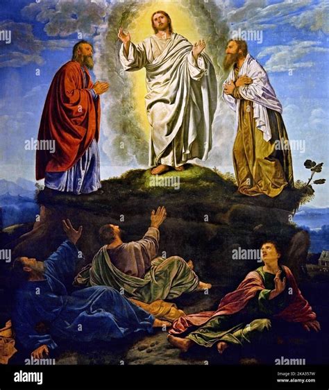 Theological painting of the Transfiguration of Jesus on Mount Tabor with Moses and Elijah