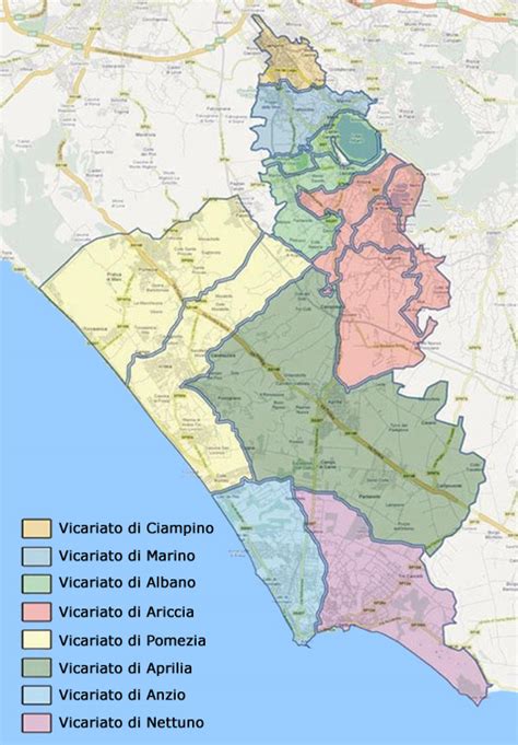 Mappa del territorio della Diocesi di Albano con i comuni e i vicariati