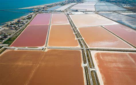Foto panoramica delle saline di Margherita di Savoia con i colori rosati e lunari