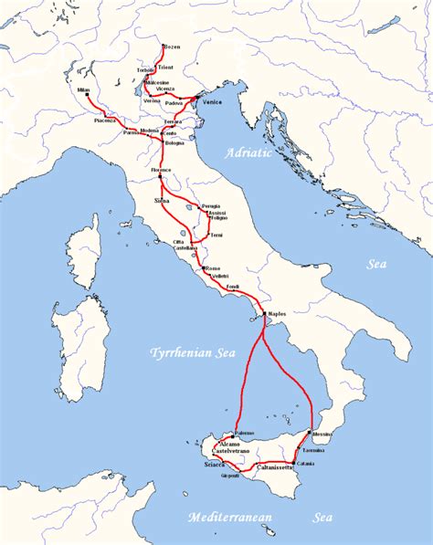 Mappa del viaggio delle reliquie in Italia