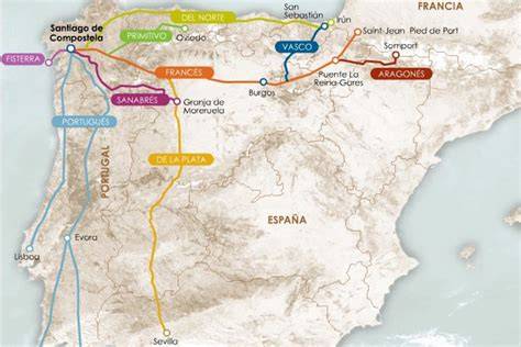 Mappa del Cammino di Santiago o illustrazione stilizzata dei viaggi di Centanni con un focus sull'Africa rurale