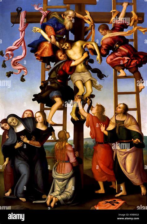 Dettaglio dell'affresco della Deposizione dalla Croce del Perugino, con le figure intatte e le parti lacunose