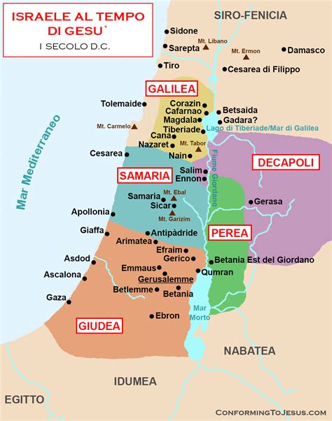 Mappa della Terra Santa con evidenziati i principali luoghi biblici in Giordania.