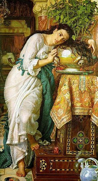 Una rappresentazione artistica di Lisabetta che piange sul vaso di basilico contenente la testa di Lorenzo.