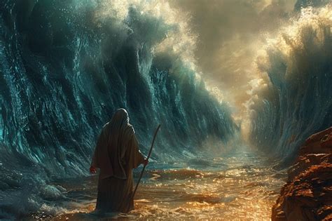 Scena biblica di Mosè che fa scaturire acqua dalla roccia per il popolo assetato nel deserto, con colori caldi e un senso di speranza.