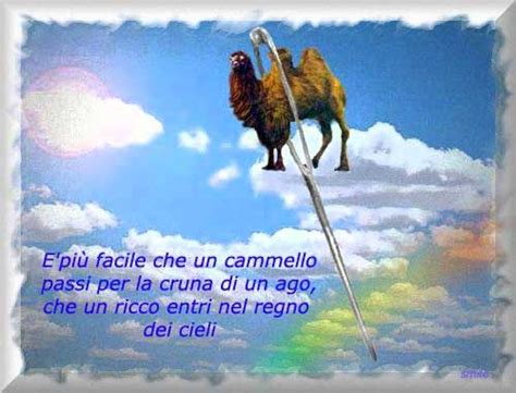 Illustrazione di un cammello che tenta di passare attraverso la cruna di un ago