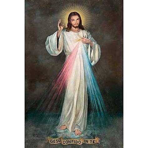 Dettaglio dell'immagine di Gesù Misericordioso con i raggi rosso e pallido.