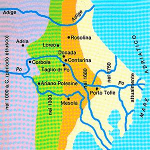 Mappa storica del Delta del Po con evidenziata l'area di Donada e Contarina