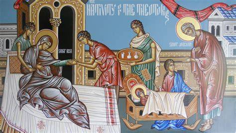 Icona ortodossa raffigurante la Natività della Santissima Theotokos con Gioacchino e Anna