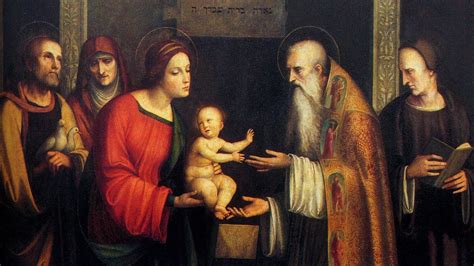 Illustrazione della Presentazione di Gesù al Tempio con Maria e Giuseppe.