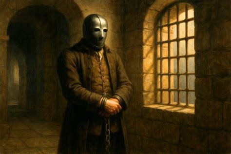illustrazione del XVII secolo di un prigioniero con una maschera, forse in velluto nero