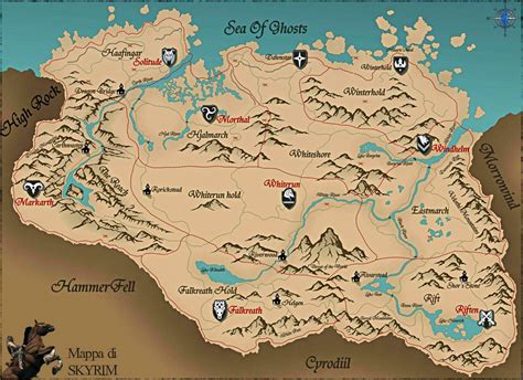 Mappa di Skyrim con l'indicazione dei principali santuari Daedrici