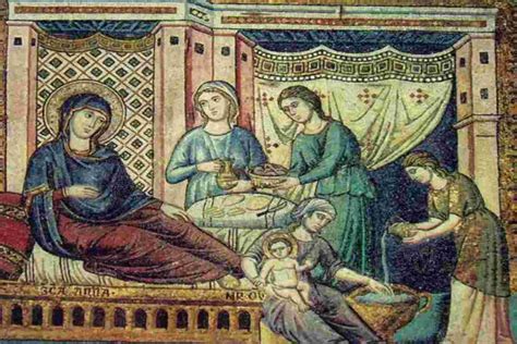 illustrazione della Natività di Maria secondo il Vangelo apocrifo di Giacomo, con Sant'Anna nel letto