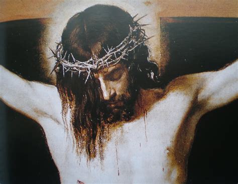 Detalle del rostro del Cristo Crucificado de Velázquez, resaltando la serenidad y la caída de la cabeza.