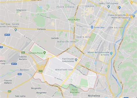 Mappa del quartiere Mirafiori con evidenziata la Parrocchia San Giovanni Bosco e le istituzioni salesiane legate al nome Agnelli