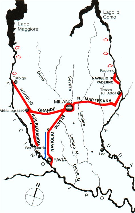Mappa della Lombardia con evidenziati Inzago, Concesa e il Naviglio Martesana