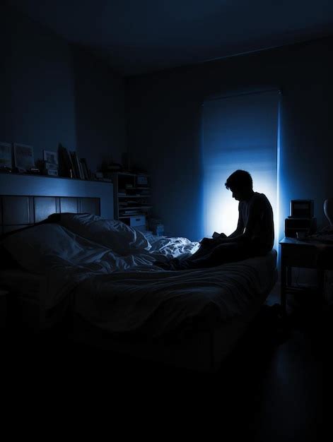 Foto concettuale di una persona seduta sul letto nella penombra che riflette