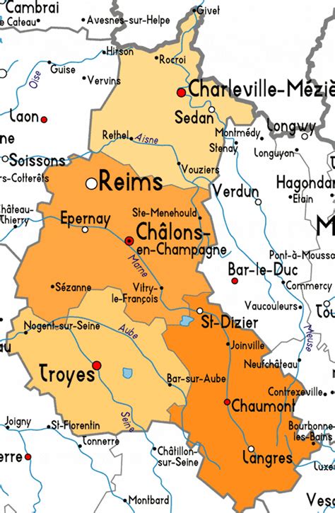 Mappa della regione della Champagne, Francia, con evidenziate Troyes e Arcis-sur-Aube