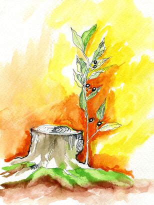 Illustrazione simbolica del tronco di Iesse con un germoglio che spunta, contrapposto a un cedro abbattuto