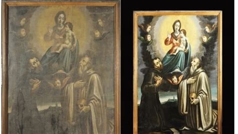 Dettaglio del dipinto restaurato di San Francesco e l'Immacolata