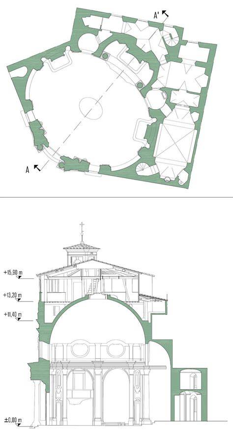 Planimetria e Sezione della Chiesa di Santa Caterina a Lucca, evidenziando la pianta ellittica e l'imponente cupola