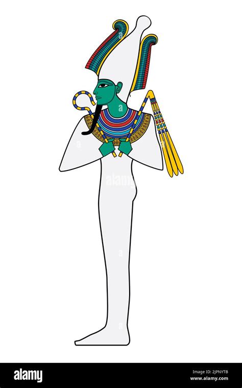 Illustrazione tematica: rappresentazione classica di Osiride mummificato con corona atef, scettro heqa e flagello nekhekh