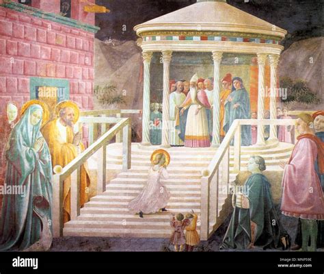 Illustrazione della presentazione di Maria al Tempio secondo le tradizioni apocrife, con fanciulle e angeli.