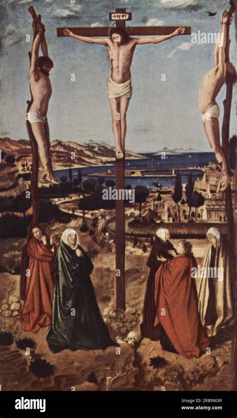 Crocifissione di Antonello da Messina: un dipinto che mostra Cristo sulla croce, affiancato dalla Vergine Maria e San Giovanni Evangelista, con un paesaggio sereno sullo sfondo.