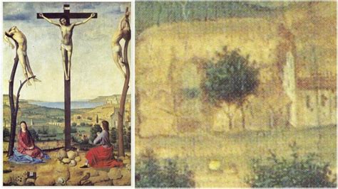 Dettaglio del paesaggio in secondo piano della Crocifissione di Antonello da Messina, evidenziando il naturalismo.