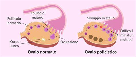 Ecografia di ovaio con sindrome dell'ovaio policistico (PCOS) che mostra microcisti periferiche