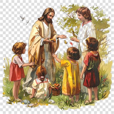 Gesù che accoglie i bambini o le persone umili in un paesaggio biblico