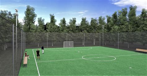 rendering di un campo da calcetto con recinzioni e voliere