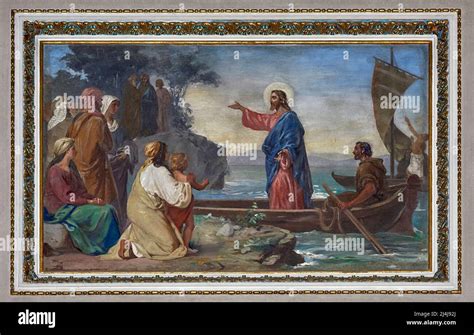 Illustrazione di Gesù che insegna dalla barca di Simone con la folla sulla riva