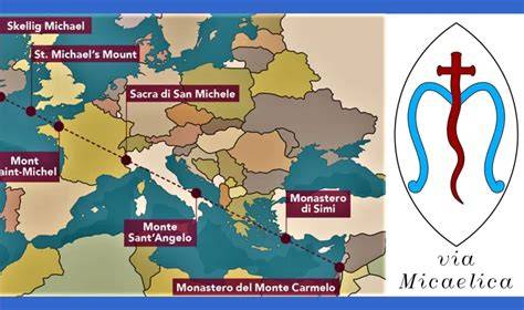 Mappa che mostra la Via Micaelica in Europa, con evidenziati i santuari principali