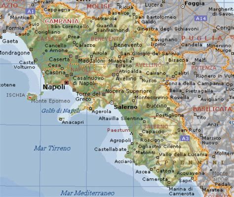 Mappa della Campania con evidenziate Santa Maria Capua Vetere, Reggia di Caserta e Napoli