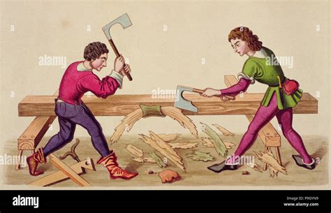 foto di artigiani medievali al lavoro (ceramista, filatrice di lana, cestaio)