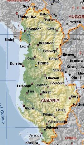 Mappa geografica dell'Albania con indicazione delle zone montuose e costiere