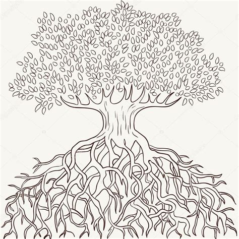 disegno di un albero con radici profonde e rami fioriti