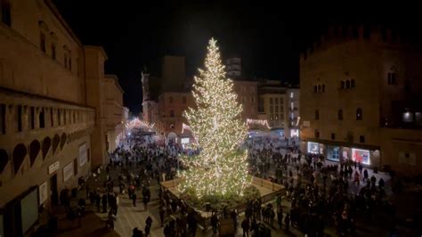 Foto di Piazza Risorgimento ad Avezzano con l'albero di Natale illuminato e la Cattedrale sullo sfondo, durante una festa natalizia